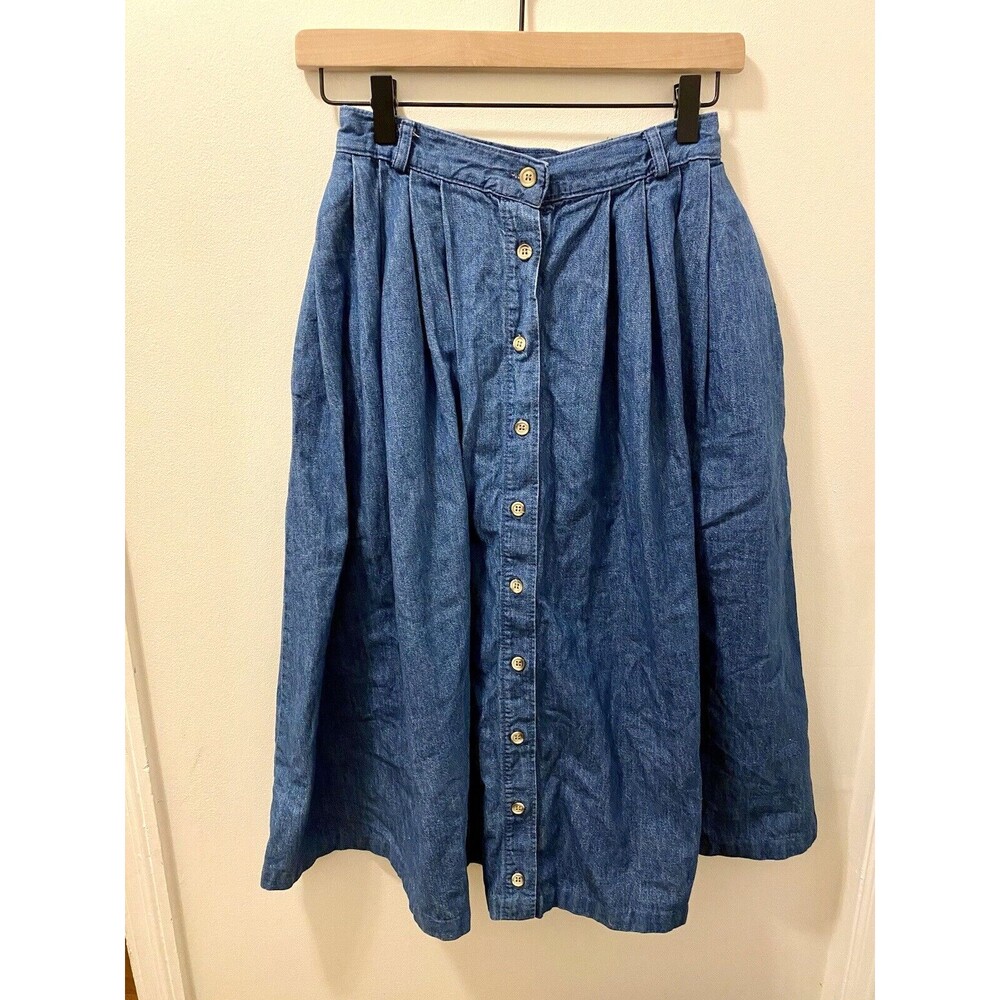 Vintage Button Front Denim Skirt Womens Size 8 Blue Jean Modest Western Cowgirl